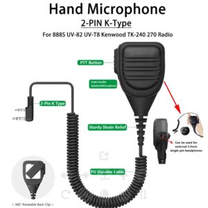 Walkie Talkie Speaker Mic Handle Microphone Single PTT 2-Pin K Type Compatible With Baofeng UV-32 Quansheng Kenwood TYT... Radio