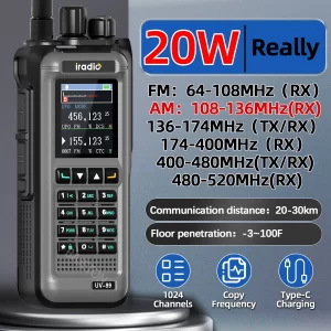 Iradio UV-99 Mutli Band Walkie Talkie 20W High Power Air Band 1024CH Wireless Copy Frequency DTMF Type-C Long Range Ham Radio