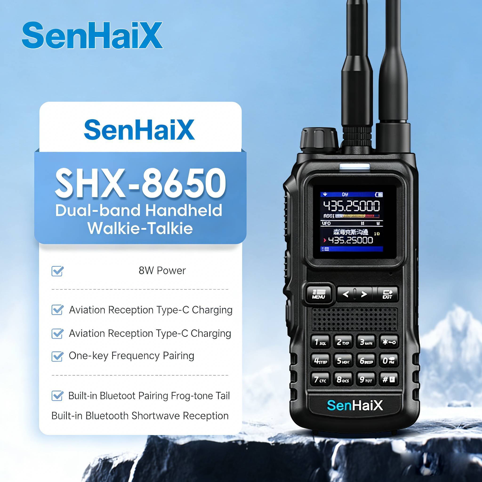 SENHAIX SHX-8650 UV Dual Band 8W Emergency Radio | Bluetooth SOS - Image 4