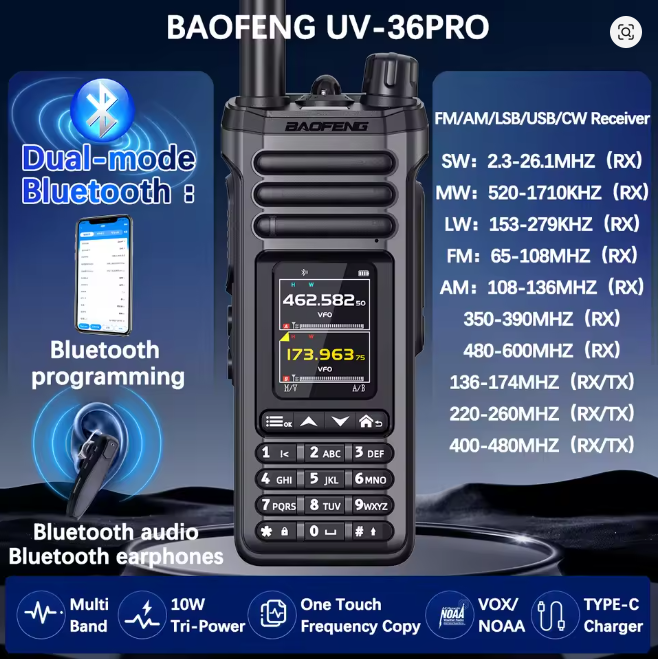 Baofeng UV-36 PRO Walkie Talkie 10W Bluetooth Audio&Programming Si4732 Multi-Band AM/FM Long Range Upgraded UV-32 Ham Radio