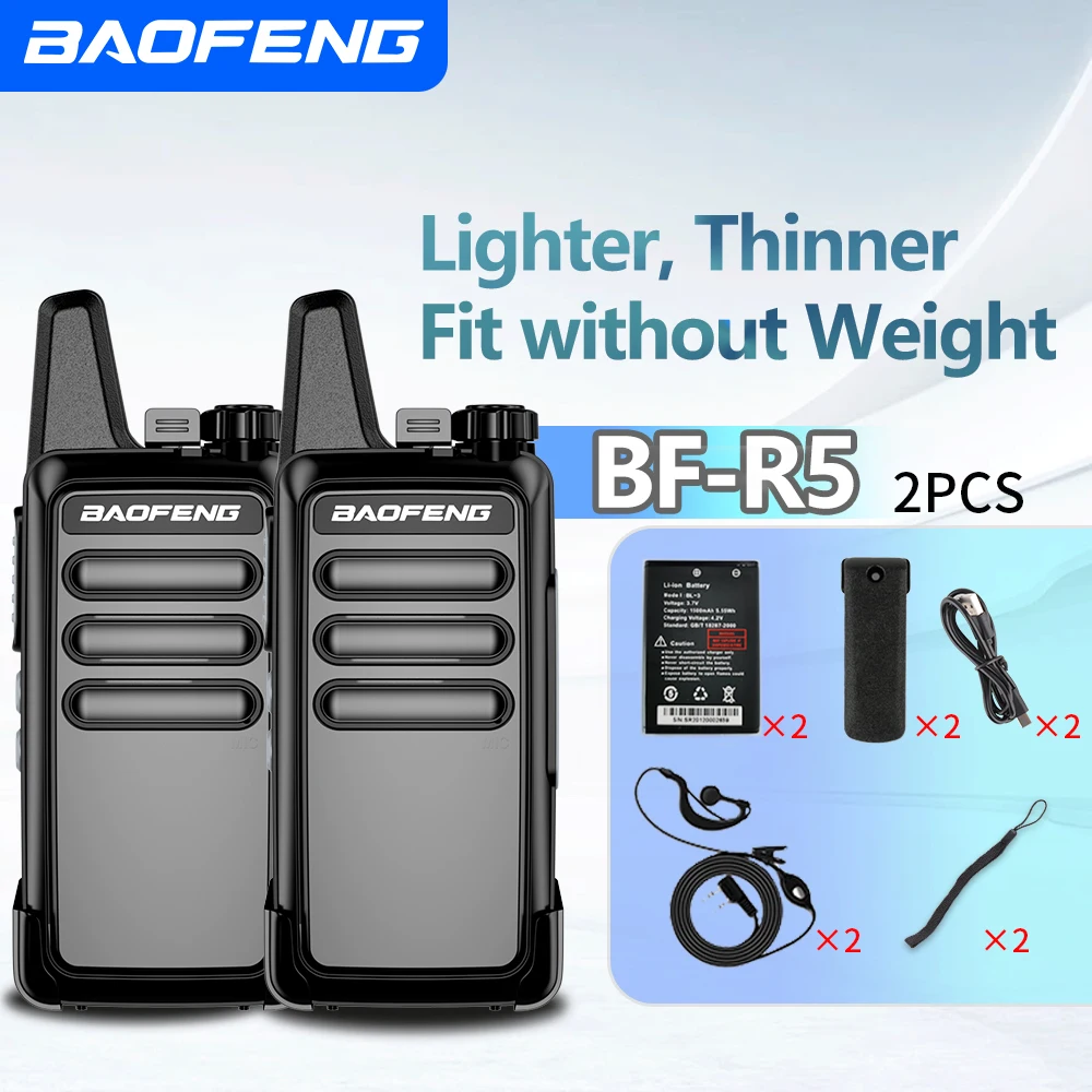 Baofeng BF-R5 (Pair) Ultra-Thin Handheld Transceiver, 5W High Power Mini Two-Way Radio with USB Cable Included